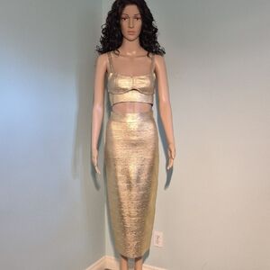 Bella Barnett Gold Metallic Bandage Cut Out 2 Piece Set  NWT